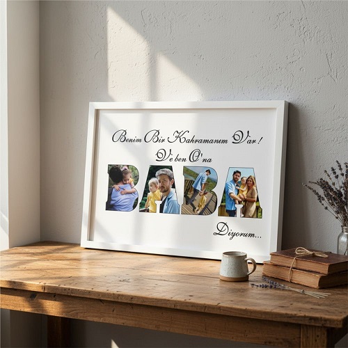 Kişiye Özel Baba Hediye Doğum Günü Benim Bir Kahramanım Var Tasarım Tablo Çerçeve Baba Hediye Beyaz