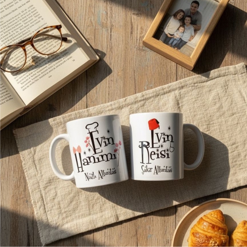 Kişiye Özel İkili İsimli Evin Reisi & Evin Hanımı Beyaz Kupa Bardak